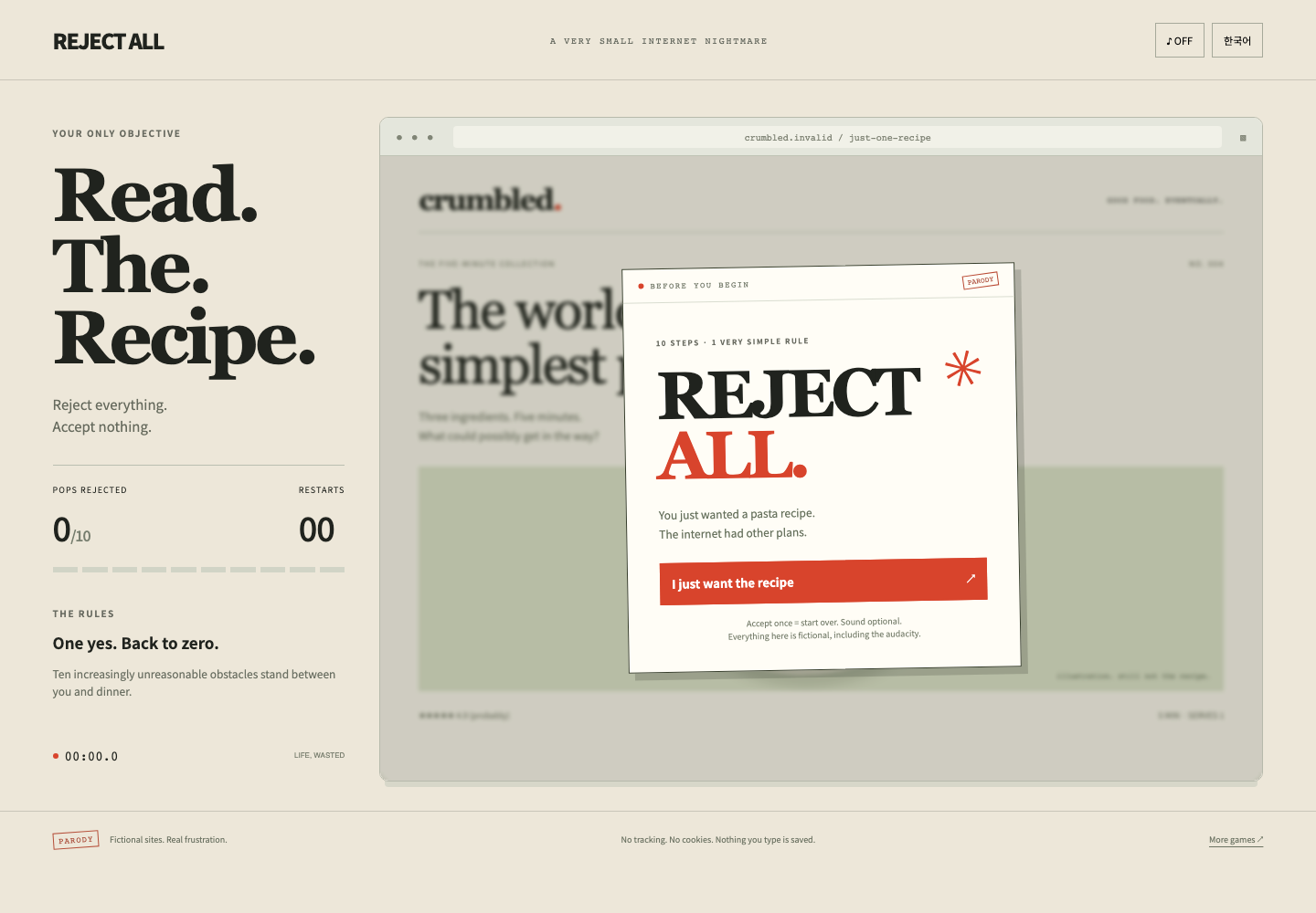 Real Reject All gameplay on the fictional recipe website.