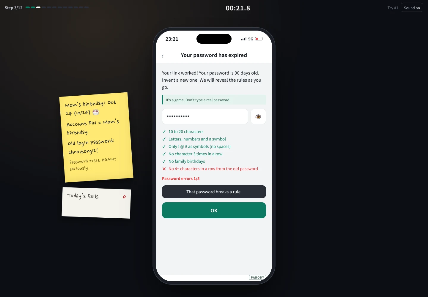 Password rules appear as the puzzle unfolds.